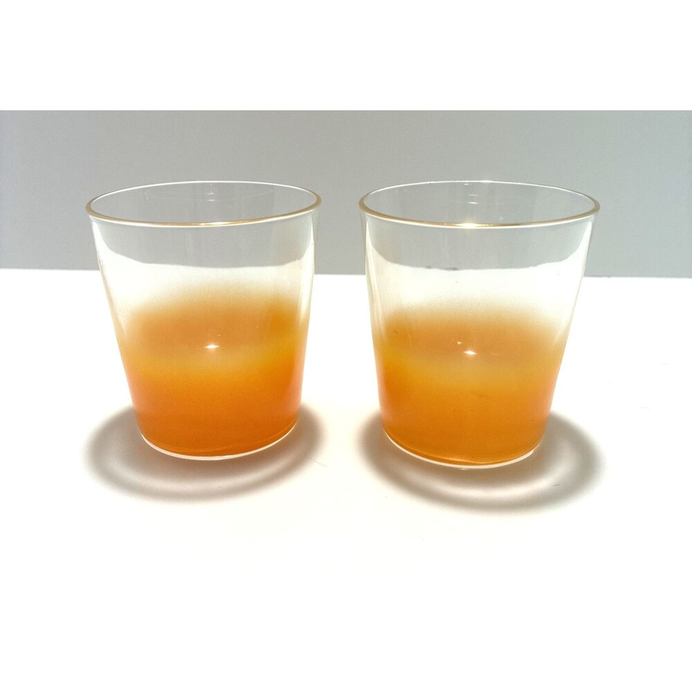 Pair Of Vintage MCM BLENDO Orange Frosted Juice Glasses With Gold Rims 6 oz.
